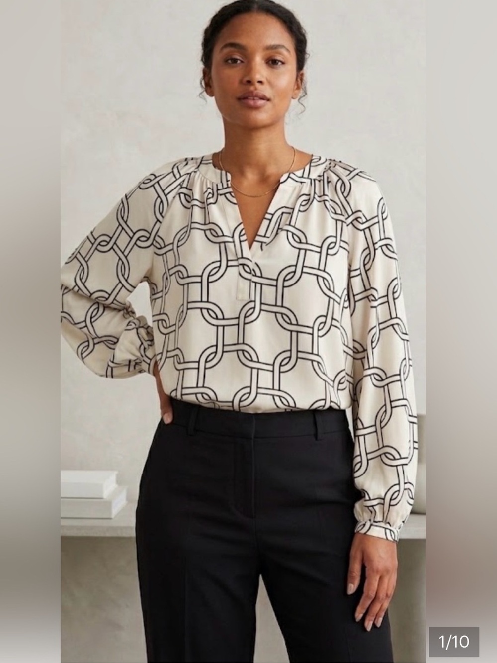 H&M Chain Link Print Split Neck Blouse Cream Black Oversized Medium
